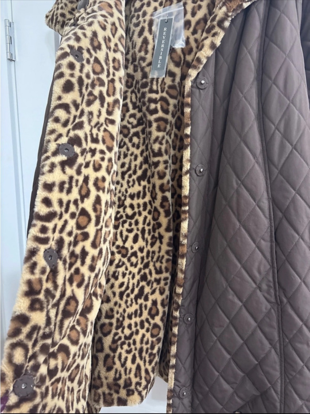 Dennis Basso Reversible Brown Quilted Coat with Leopard Faux-Fur. Size XXL. New - Picture 6 of 9